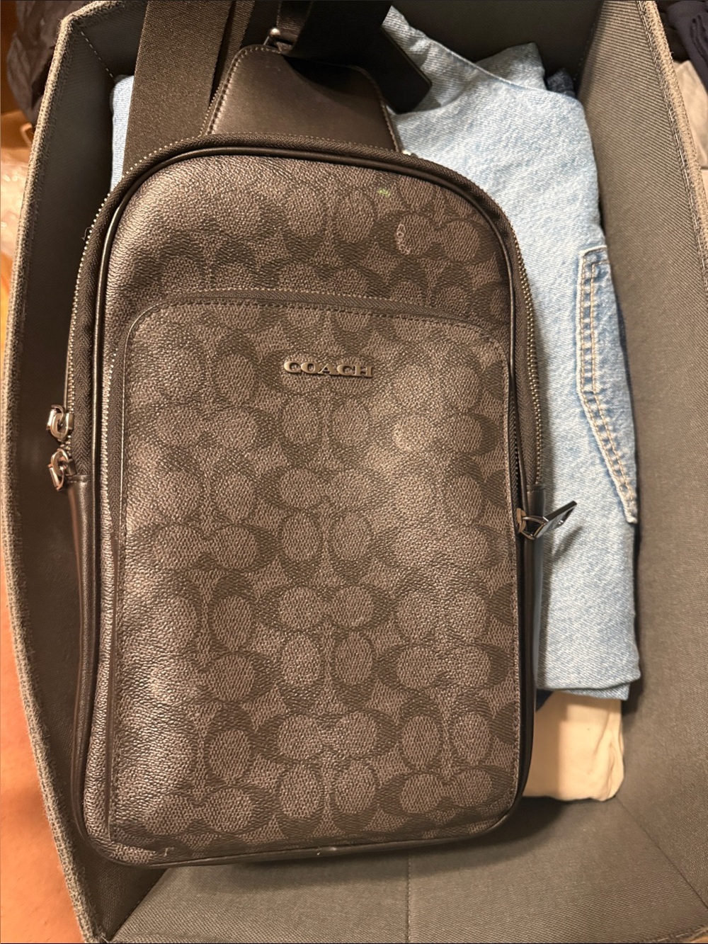 Coach Men's Signature Monogram Sling Bag in Dark Brown